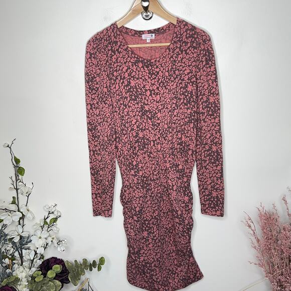ANTHROPOLOGIE x SUNDRY Puff Sleeve Leopard Ruched Dress Rose Pink {3V48} - Picture 2 of 6